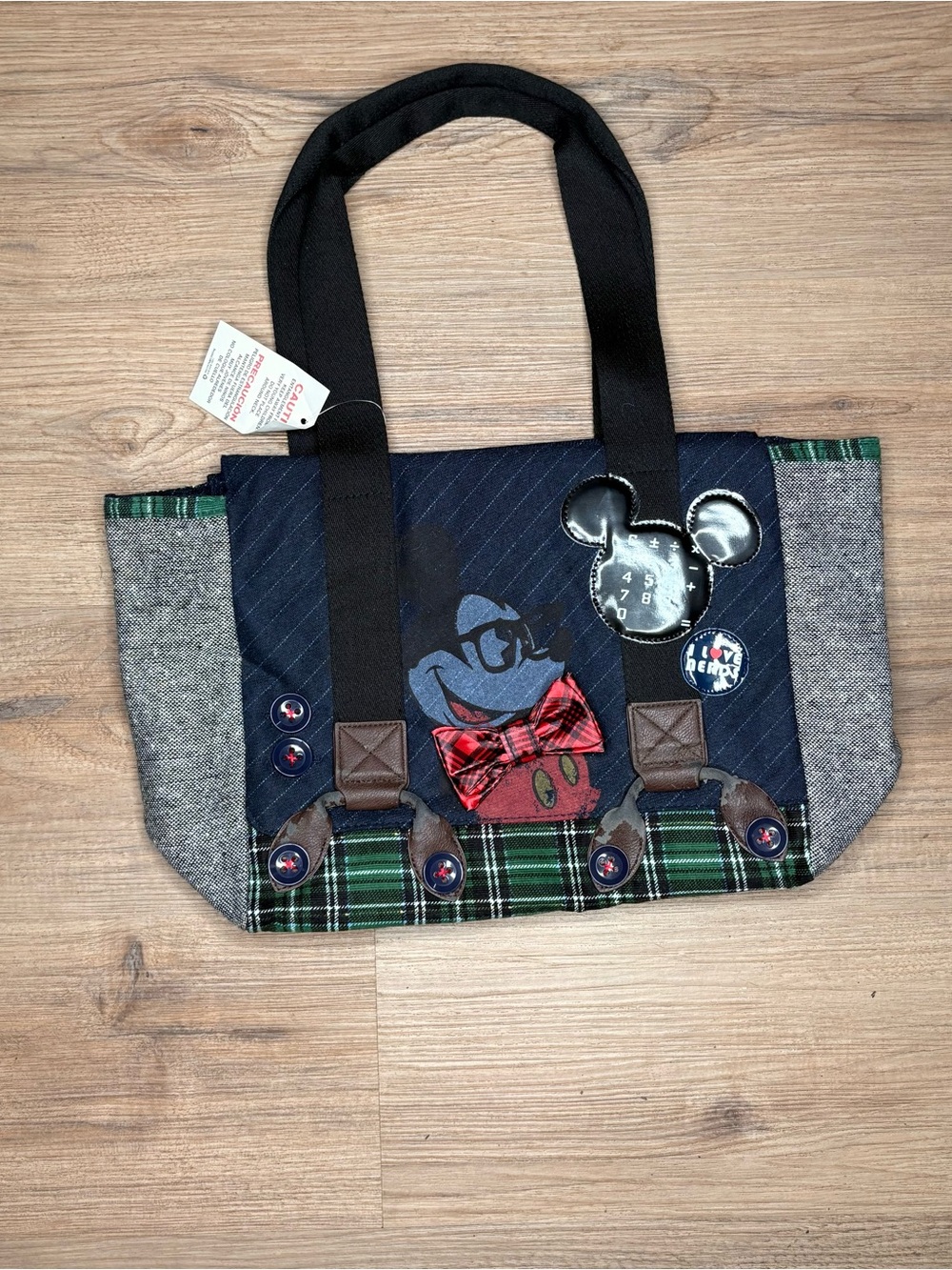 Disney Mickey Mouse Patchwork Messenger Tote - Black/Green/Grey/Navy